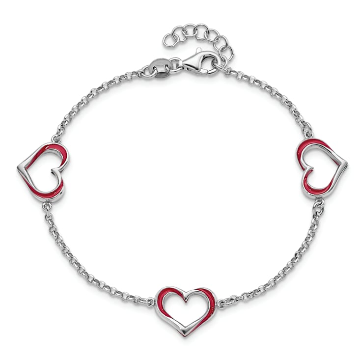 Sterling Silver Rhodium-plated Red Enamel 3-Heart with 0.5 Inch
Extension Bracelet