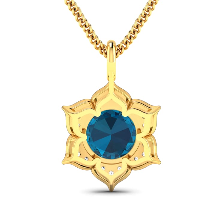 2.05ctw 14K Yellow Gold Blue London Blue Topaz and White Diamond Pendant
with 18 inch Cable Chain