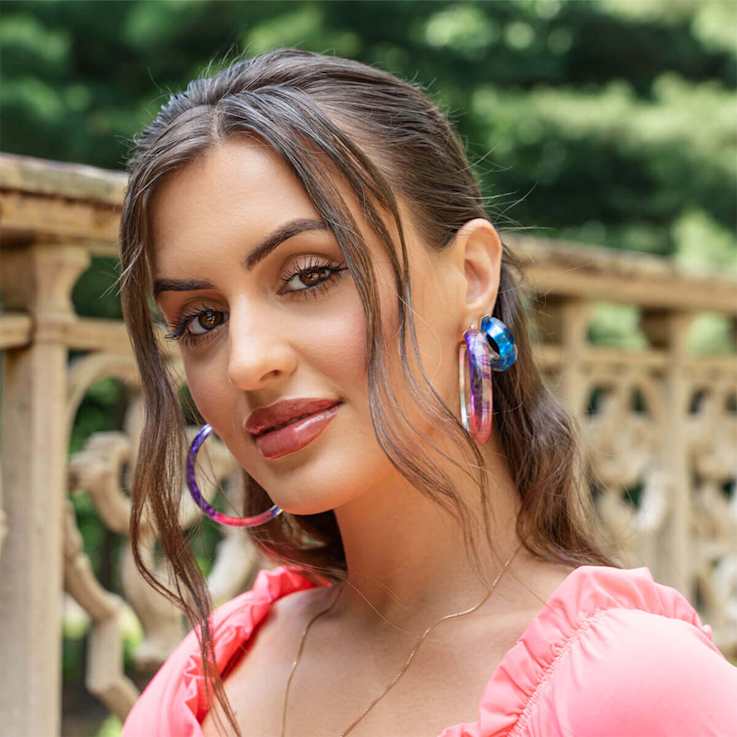 14K Yellow Gold Over Sterling Silver Blue and Clear Tie Dye Acrylic Hoops