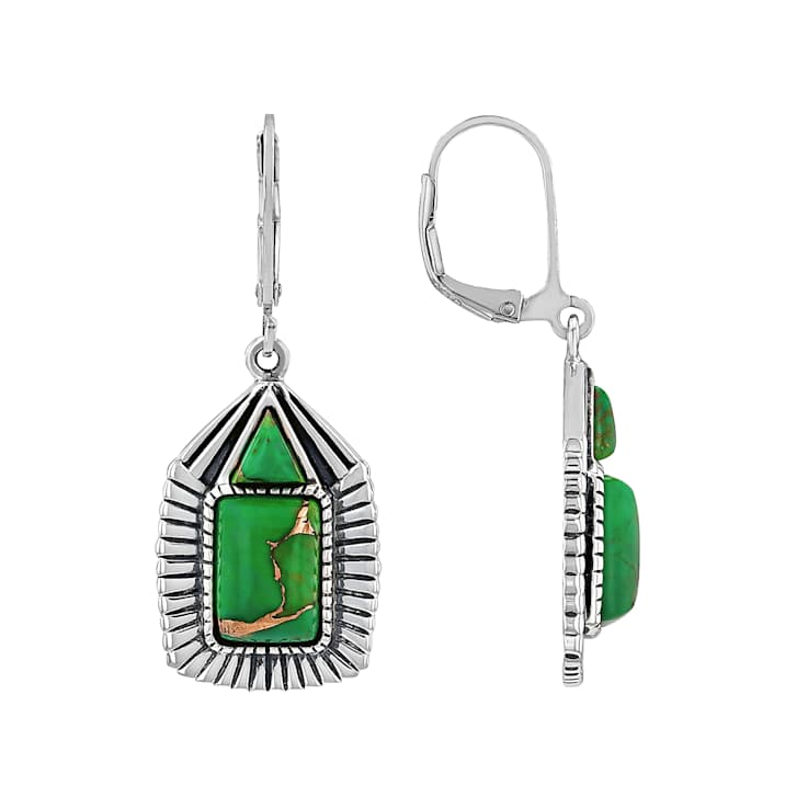 Green Turquoise Oxidized Sterling Silver Earrings 10x7mm