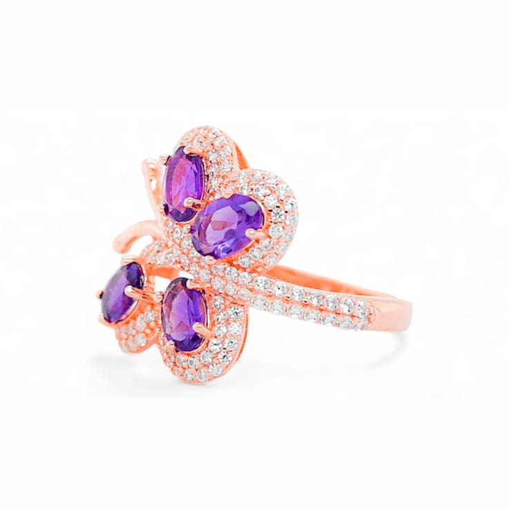 6x4mm Oval Amethyst and White CZ 18K Rose Gold Over Sterling Silver
Ring, 1.50ctw