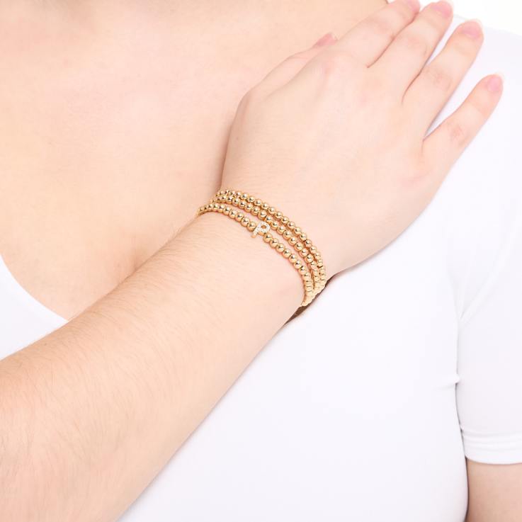 Initial P CZ Beaded Bracelet Set In 14K Gold Over Brass 0.12ctw