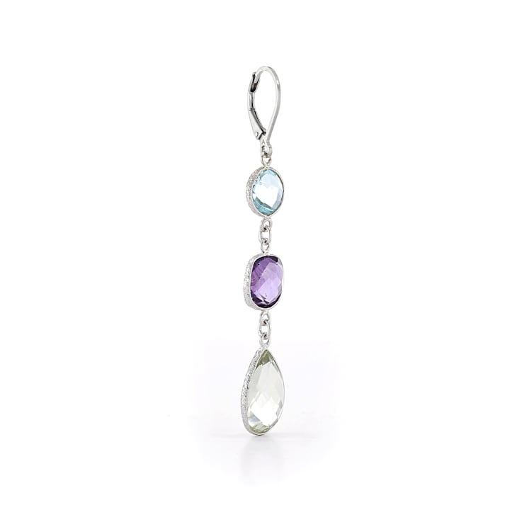 Green Pear Praisiolite, Blue Round Topaz, and Purple Cushion Amethyst
Sterling Silver Earrings 17ctw