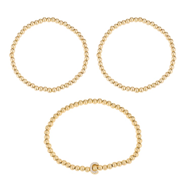 Initial C CZ Beaded Bracelet Set In 14K Gold Over Brass 0.11ctw