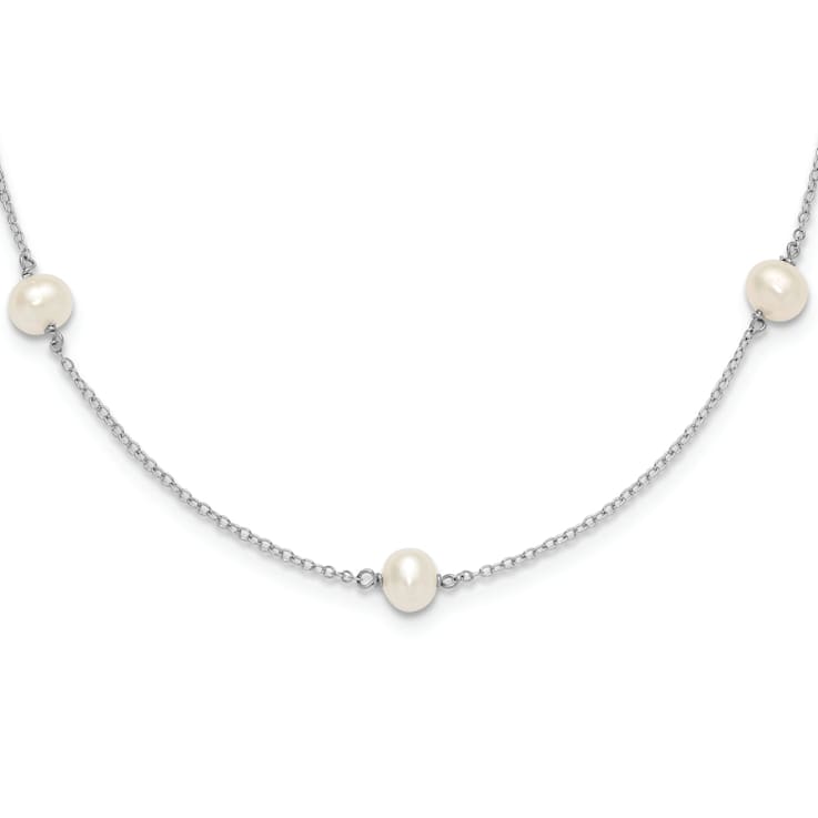 Rhodium Over Sterling Silver 5-5.5mm FWC Pearl 5-Station Children's Necklace