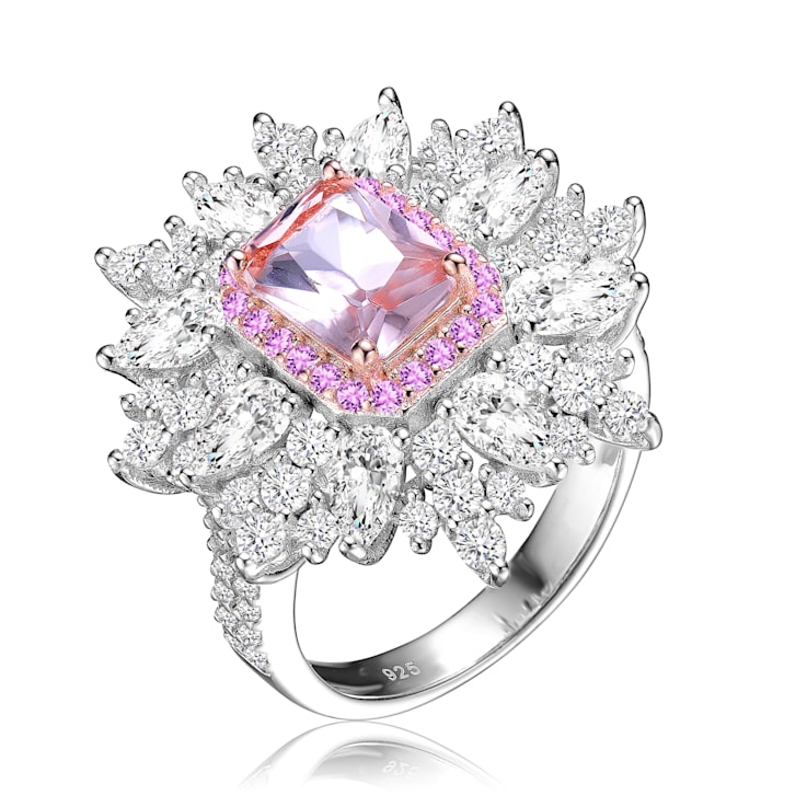 Morganite Cubic Zirconia, Rhodium Plated over Sterling Silver Halo Ring