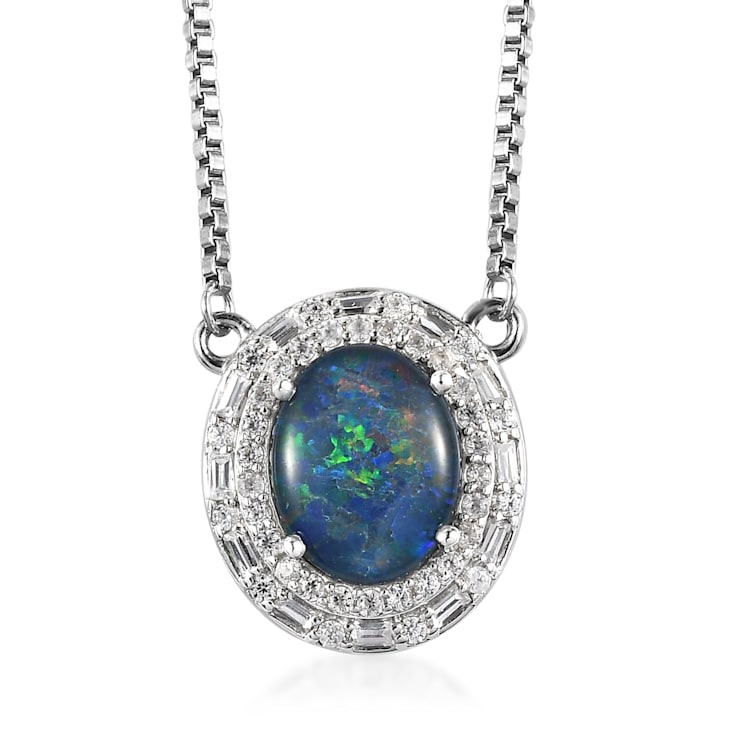 Sterling Silver Oval Boulder Opal Triplet and White Zircon Necklace 2.41ctw