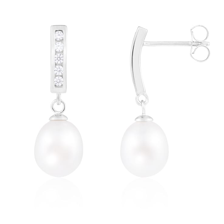 7-8mm White Cultured Freshwater Pearl and Cubic Zirconia Rhodium Over
Sterling Silver Earrings
