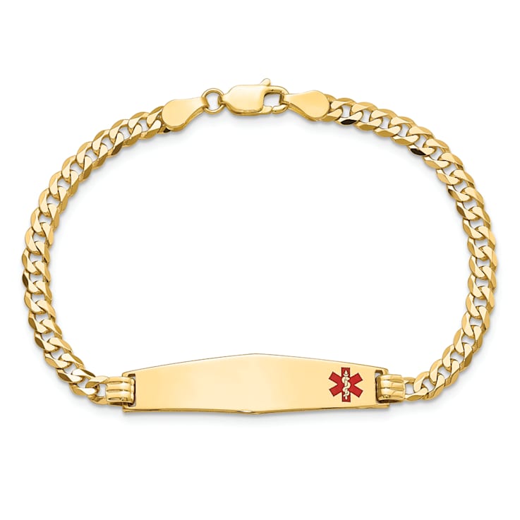 14k Yellow Gold Medical Soft Diamond Shape Red Enamel Flat Curb Link ID Bracelet