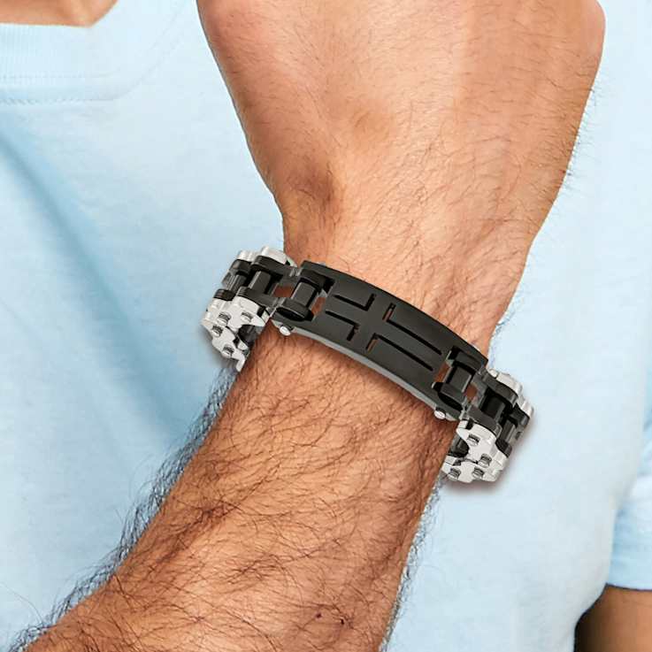 Stainless Steel Polished Black IP-plated Cross ID Bracelet