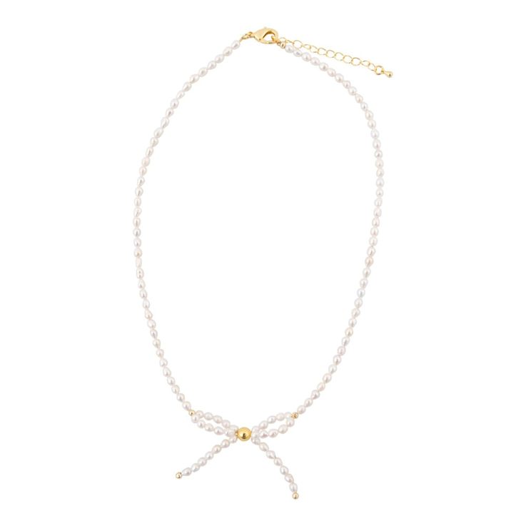 Cultured Freshwater Pearl Bow Necklace with Gold-Tone Brass Accents