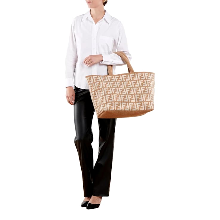 Fendi FF Cammello Beige Knitted Cashmere Large Shopper Tote Bag 14J51A