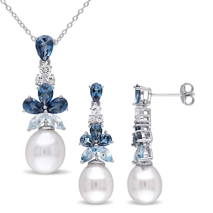 8.5-10MM Freshwater Cultured Pearl and Multigem Drop Earrings and
Pendant Set in Sterling Silver