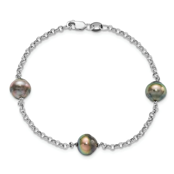 Rhodium Over Sterling Silver 8-9mm Baroque 3stat Tahit Saltwater Pearl Bracelet