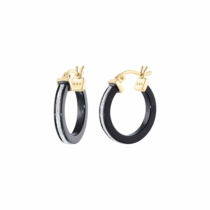 14K Yellow Gold Over Sterling Silver Thin Silver Color Glitter Black
Acrylic Hoops