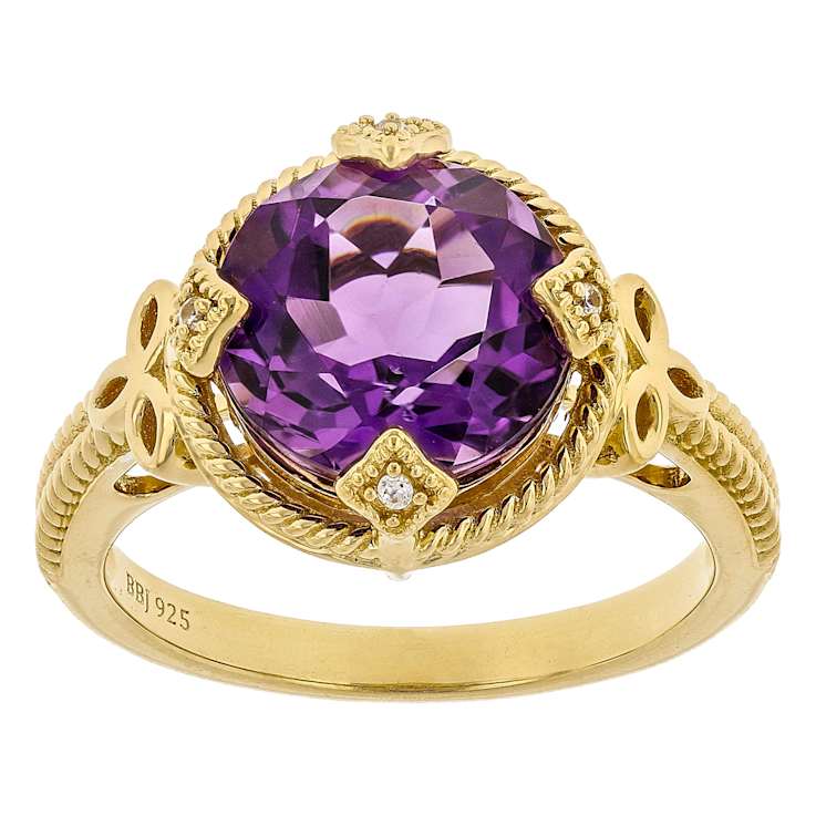Amethyst And White Zircon Ring In 18K Gold Over Sterling Silver 3.19ctw