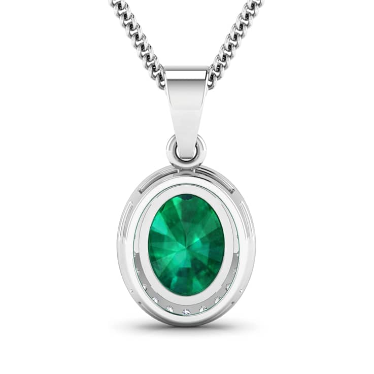 Green Zambian Emerald and White Diamond 14K White Gold Pendant with 18
inch Cable Chain 1.65ctw