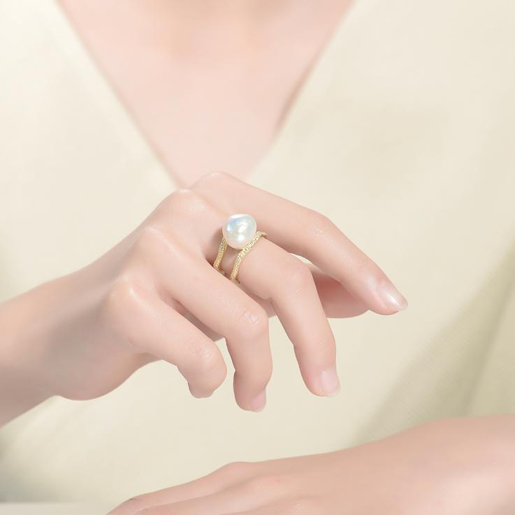 Pear Shape Freshwater Pearl Open Band Ring In 14K Gold Over Sterling Silver