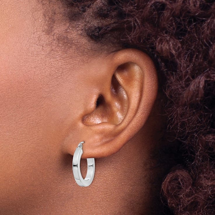 14k White Gold 20mm x 3mm Square Tube Hoop Earrings