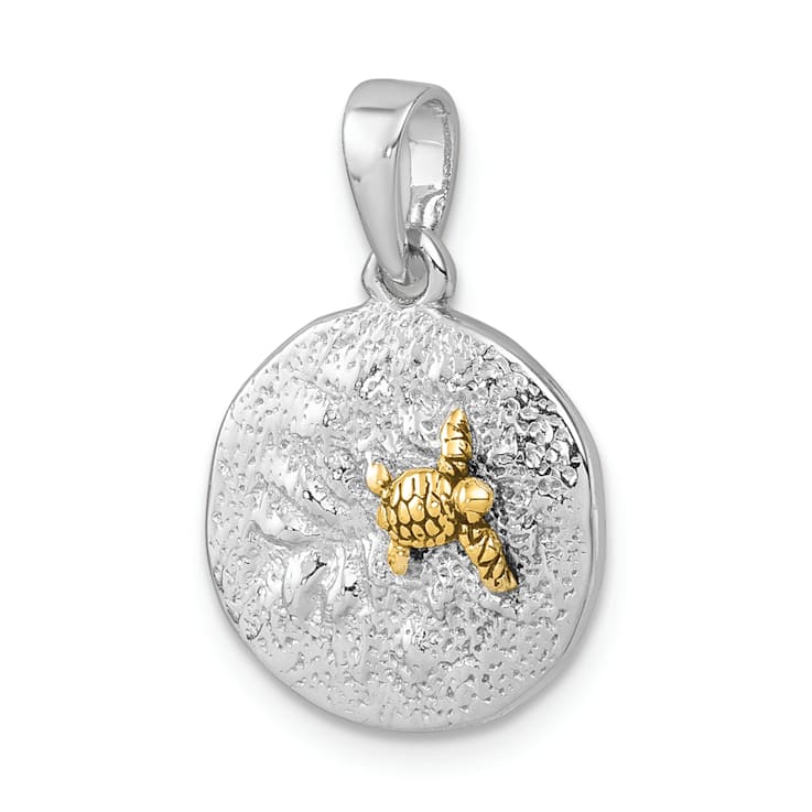 Rhodium Over Sterling Silver Yellow Turtle Crawling In The Sand Pendant