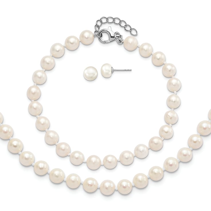 Rhodium Over Sterling Silver 6-7mm Freshwater Pearl Adjustable
Necklace/Bracelet/Earring Set
