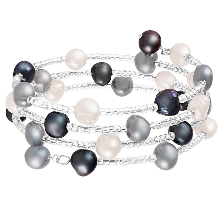Sterling Silver Rhodium Plated Triple Row Freshwater Pearl Coil Bracelet