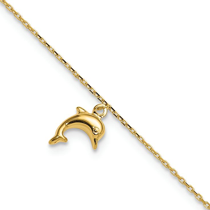 10k Yellow Gold Dolphin Charm Cable Link Anklet