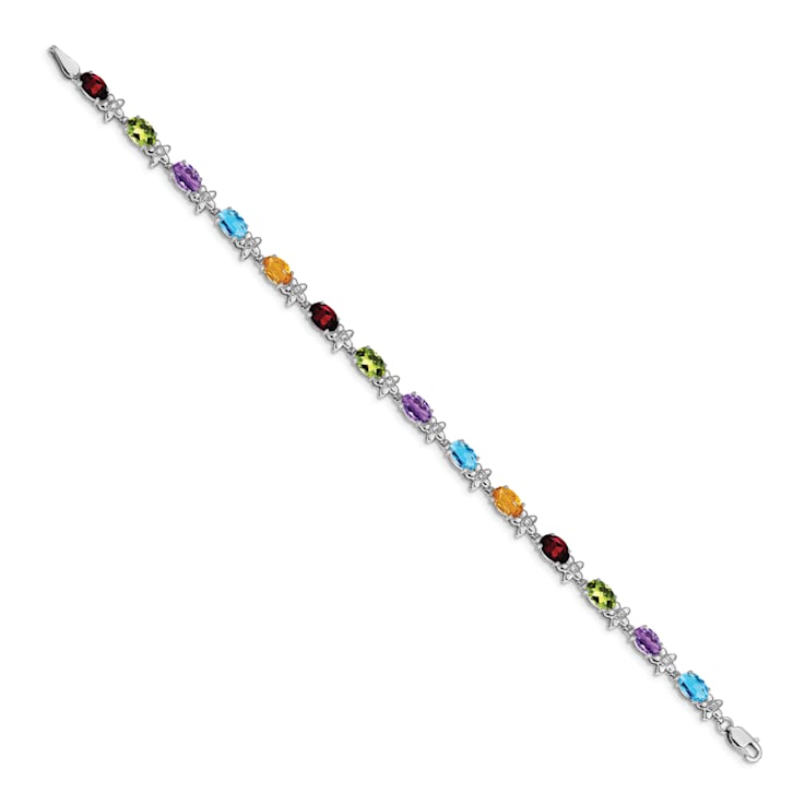 Rhodium Over 14k White Gold Rainbow Floral Gemstone and Diamond Bracelet