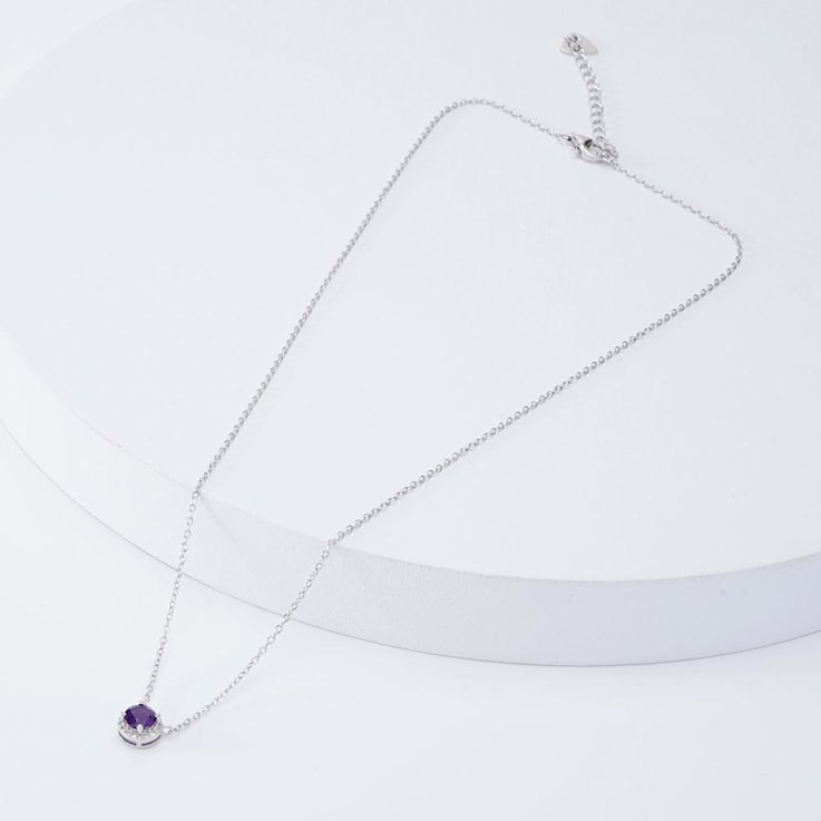 Dark Purple Amethyst with White Topaz Halo Rhodium Over Sterling Silver Necklace