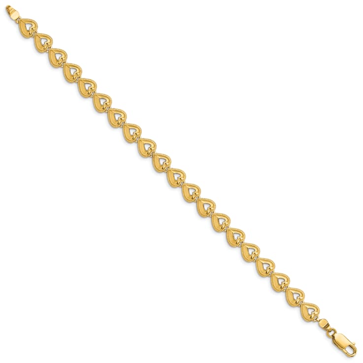14k Yellow Gold Polished Beaded Hearts Link Bracelet