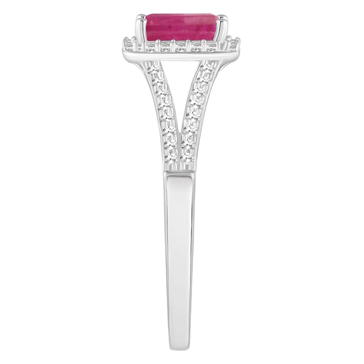 6x4mm Emerald Cut Ruby 1/4 ctw Diamond Rhodium Over Sterling Silver Halo Ring