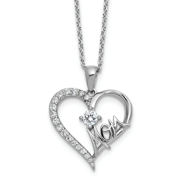 Rhodium Over Sterling Silver Polished Cubic Zirconia Mom Heart with 2
Inch Extension Necklace