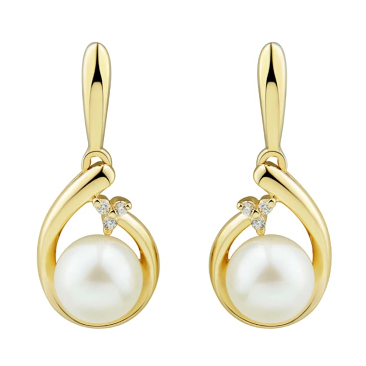 6-6.5mm Round White Freshwater Pearl with Diamond Accents 10K Yellow
Gold Drop Earrings