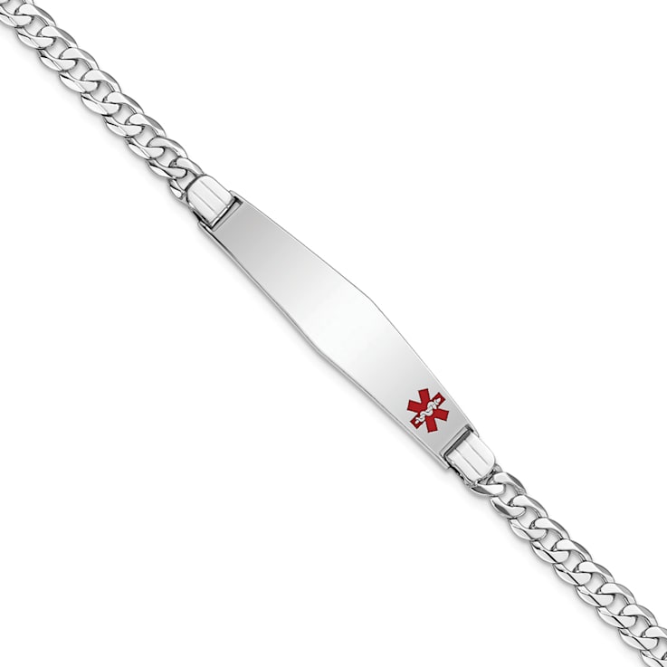 Rhodium Over 14k White Gold Medical Soft Diamond Shape Red Enamel Flat
Curb Link ID Bracelet