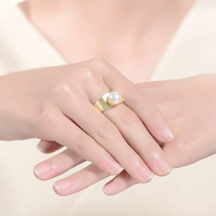 Freshwater Pearl Linear Adjustable Ring In 14K Gold Over Sterling Silver