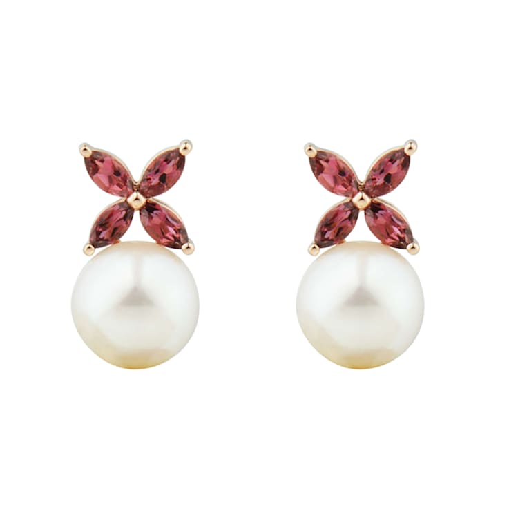 8-8.5mm Round White Freshwater Pearl and Pink Tourmaline 14K Rose Gold
Drop Floral Earrings
