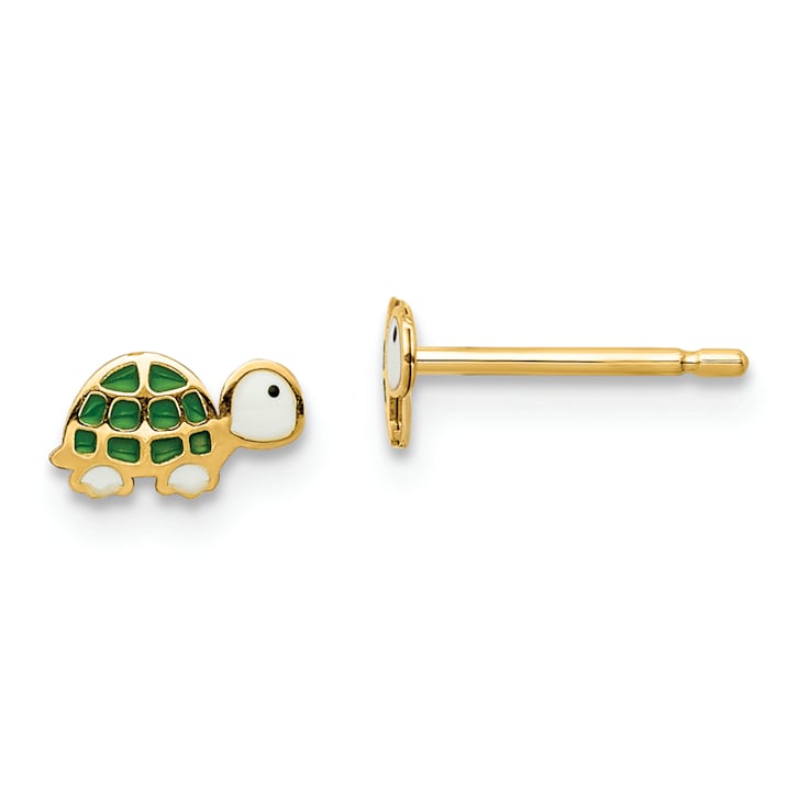 14k Yellow Gold Children's Green, Black and White Enamel Turtle Stud Earrings