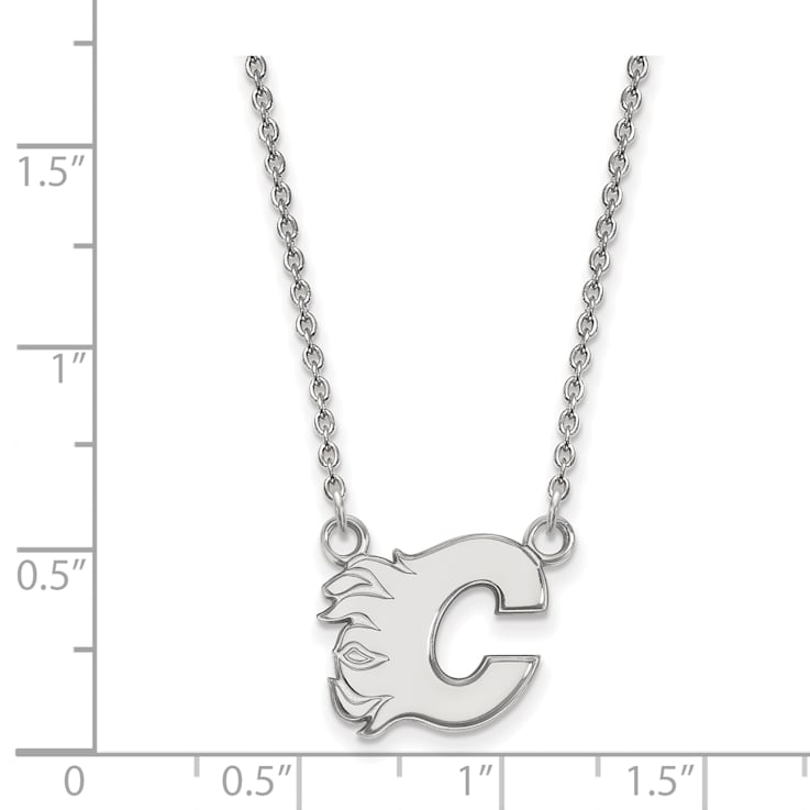 Rhodium Over Sterling Silver NHL LogoArt Calgary Flames Pendant Necklace