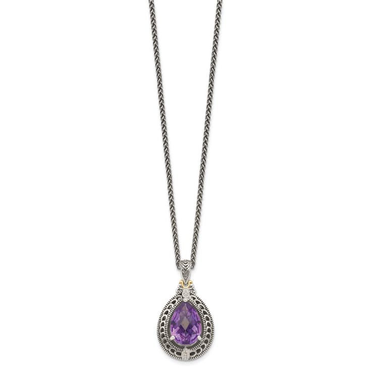 Sterling Silver Antiqued with 14K Accent Diamond and Amethyst Necklace