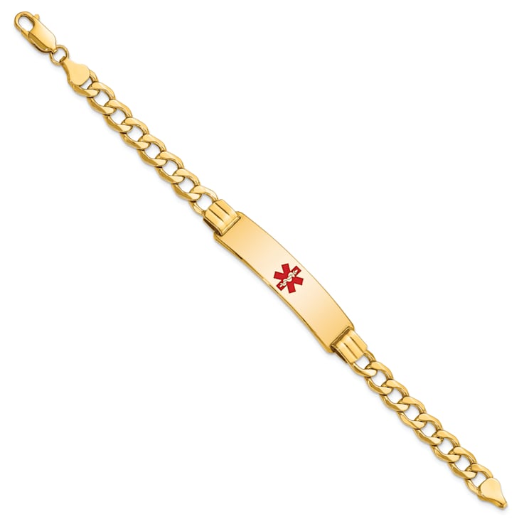 14k Yellow Gold Medical Red Enamel Curb Link ID Bracelet
