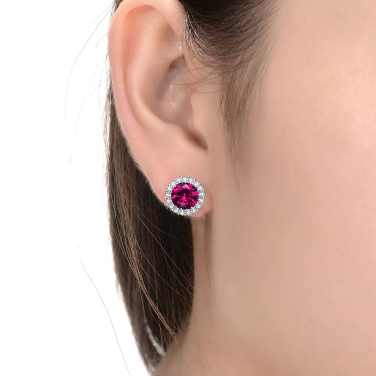 Ruby Color CZ Halo Stud Earrings In Sterling Silver
