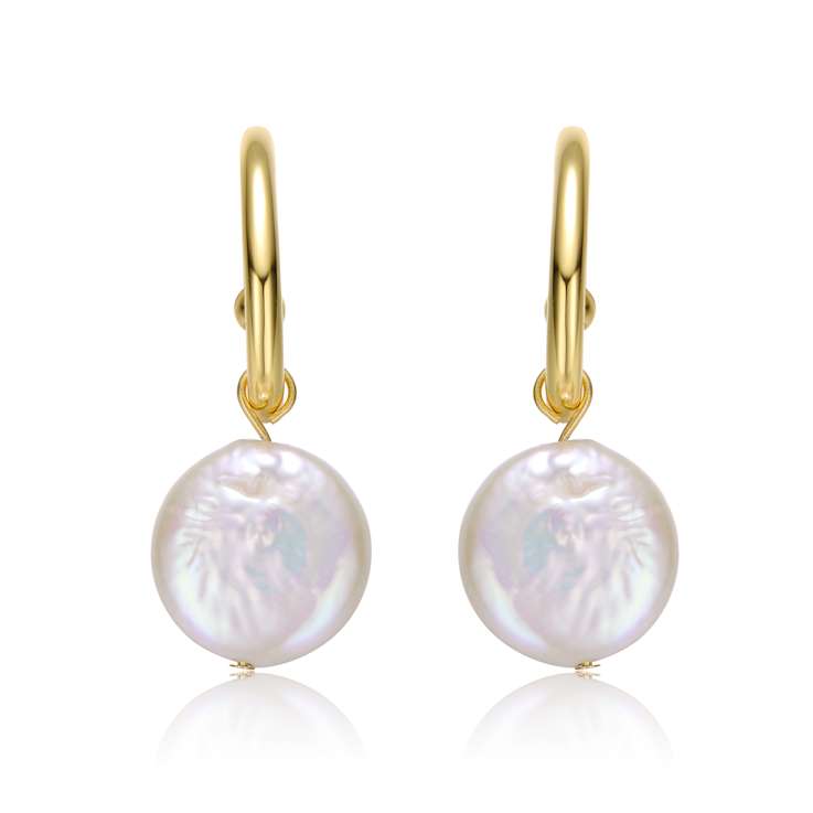 Coin Pearl C-Hoop Drop Earrings In 14K Gold Over Sterling Silver