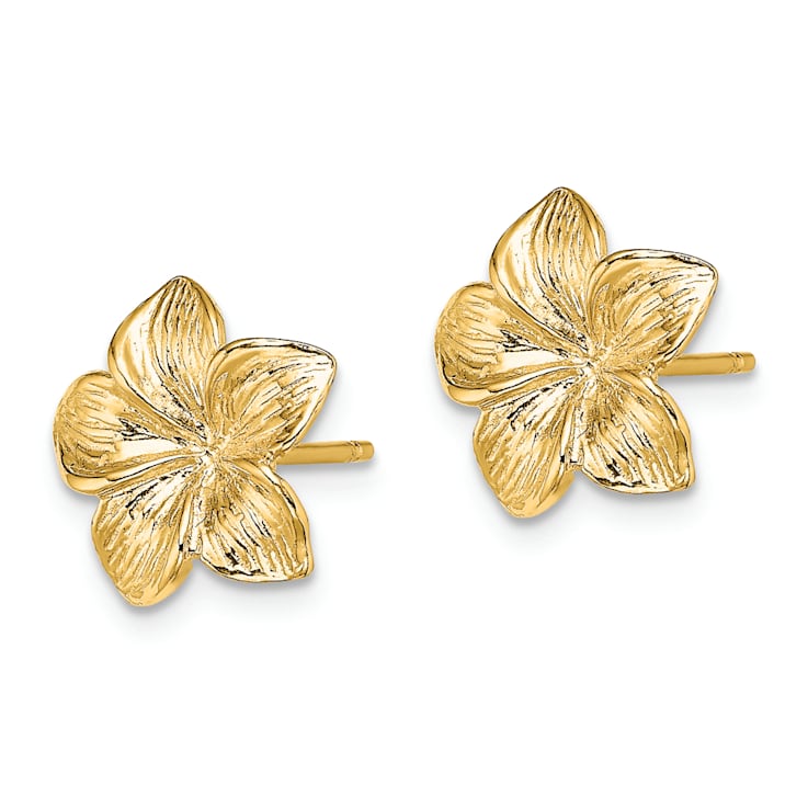 14k Yellow Gold 11.5mm Textured Plumeria Flower Stud Earrings