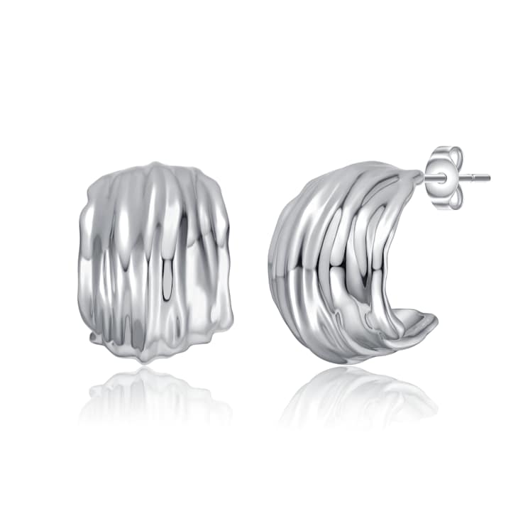 Basket Weave Chunky C-Hoop Earrings In Rhodium Over Brass