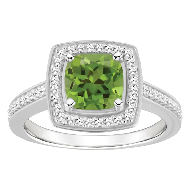 7mm Cushion Peridot 1/4 ctw Diamond Rhodium Over Sterling Silver Halo Ring