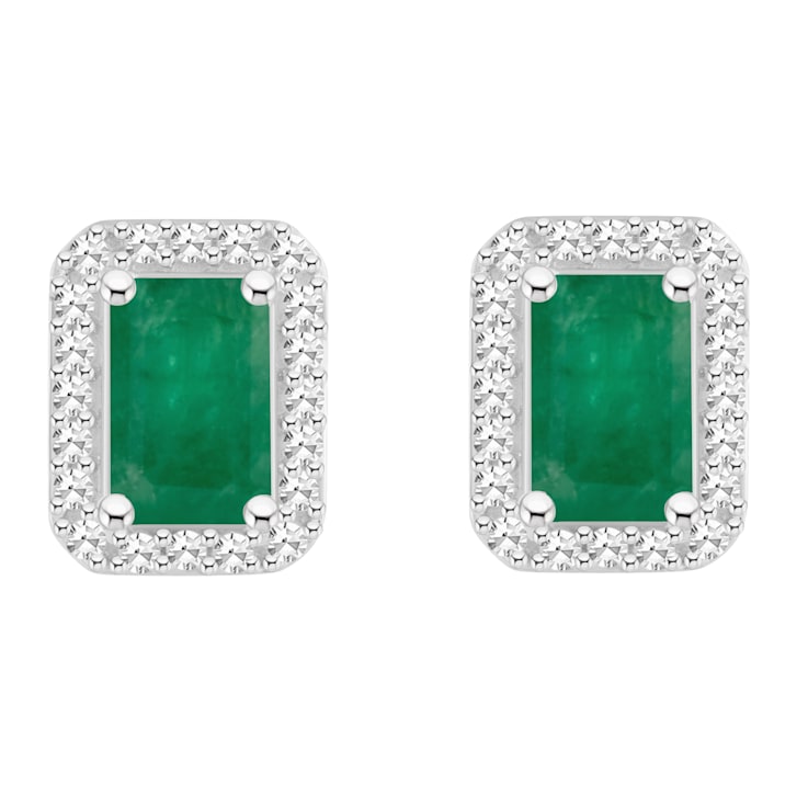 6x4mm Emerald Cut Emerald 1/5 ctw Diamond Rhodium Over Sterling Silver
Halo Stud Earrings