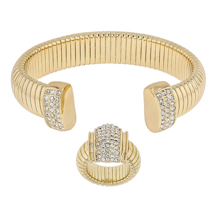 Crystal Tubogas Cuff Bracelet And Ring Set In Gold Tone