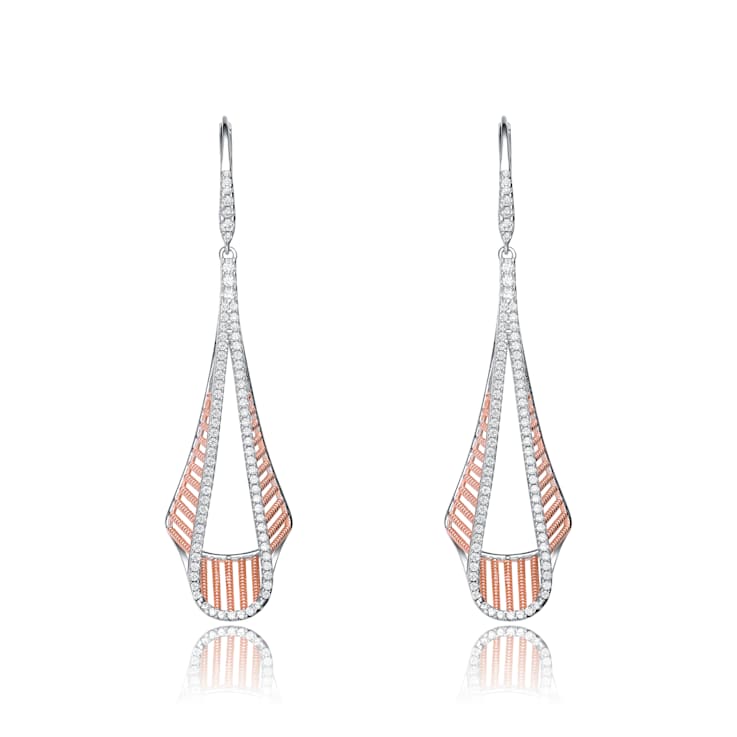 Pave CZ Linear Drop Earrings In 18K Rose Gold Over Sterling Silver