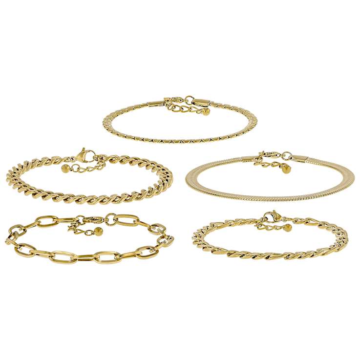 Snake, Cuban And Oval Link Bracelet Set Of 5 In Gold-Tone 4-6mm