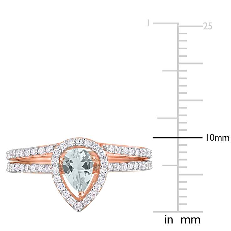 Aquamarine and Diamond 10K Rose Gold Halo Ring Set 0.73ctw